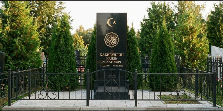 Гравировка на мусульманском памятнике в Самаре — стела из чёрного гранита, оформление по канонам ислама