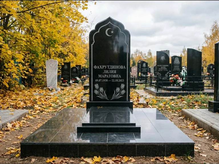 Мусульманский памятник: стела с михраб-навершием в форме арки — гравировка минарета с полумесяцем, гранитный цоколь с тёмной плиткой, работа «Фахрутдинова» в Самаре