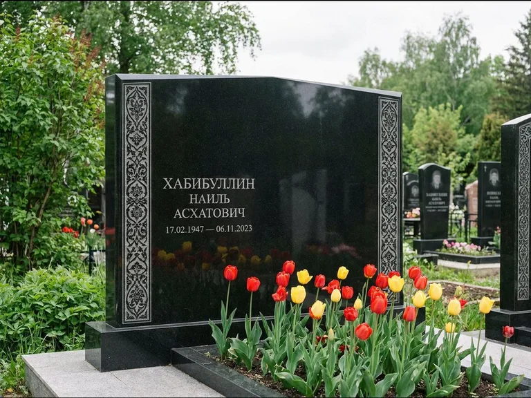Мусульманский памятник: широкая двойная семейная стела — золочёная гравировка мечети, цветник с тюльпанами, работа «Хабибуллин» в Самаре