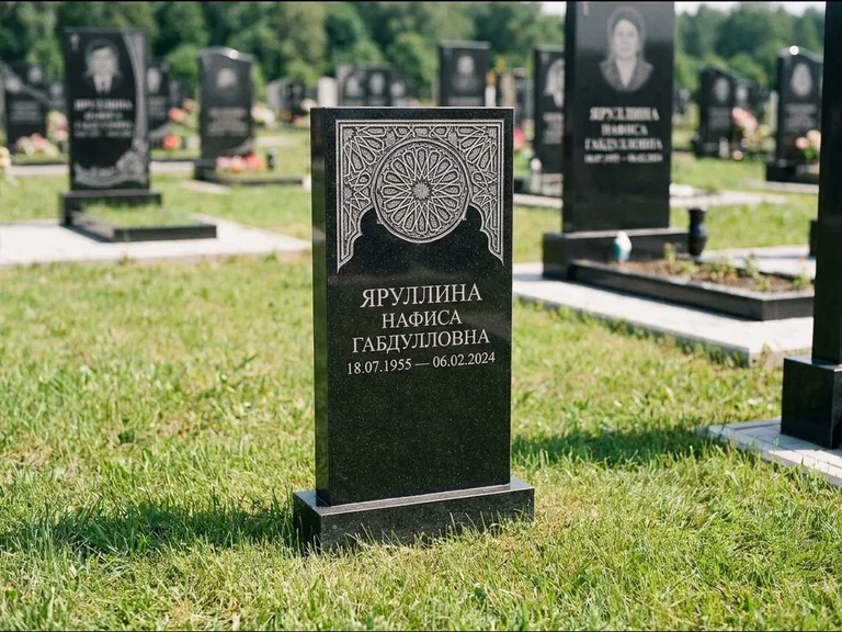 Мусульманский памятник: небольшая скромная невысокая стела — золочёная гравировка мечети, аккуратный участок с газоном, работа «Фахрутдинова» в Самаре
