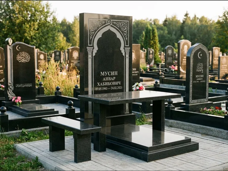 Мусульманский памятник: стела с гранитным столиком и скамьёй — гравировка мечети под полумесяцем и звёздами, семейный участок с плиткой, работа «Гимаев» в Самаре