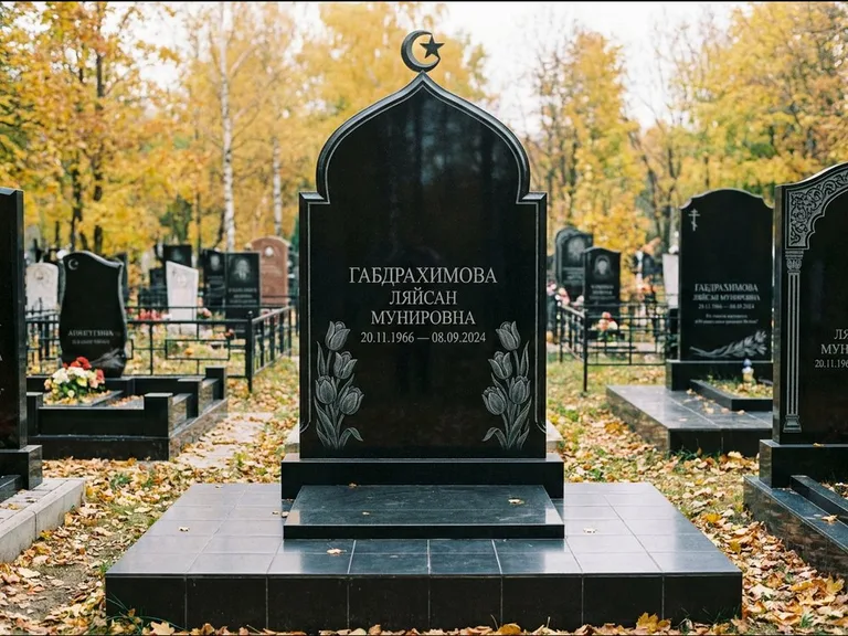 Мусульманский памятник: массивная стела с михраб-навершием — белая гравировка силуэта мечети с минаретами, цоколь тёмной плиткой, работа «Магомедова» в Самаре