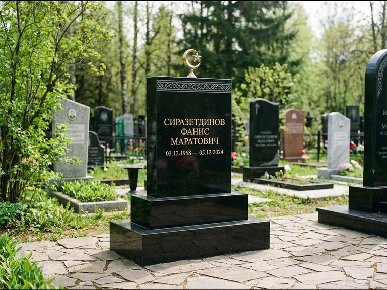Мусульманский памятник: ступенчатая трёхуровневая стела — золочёная гравировка мечети, дорожка из природного плитняка, работа «Мустафин» в Самаре