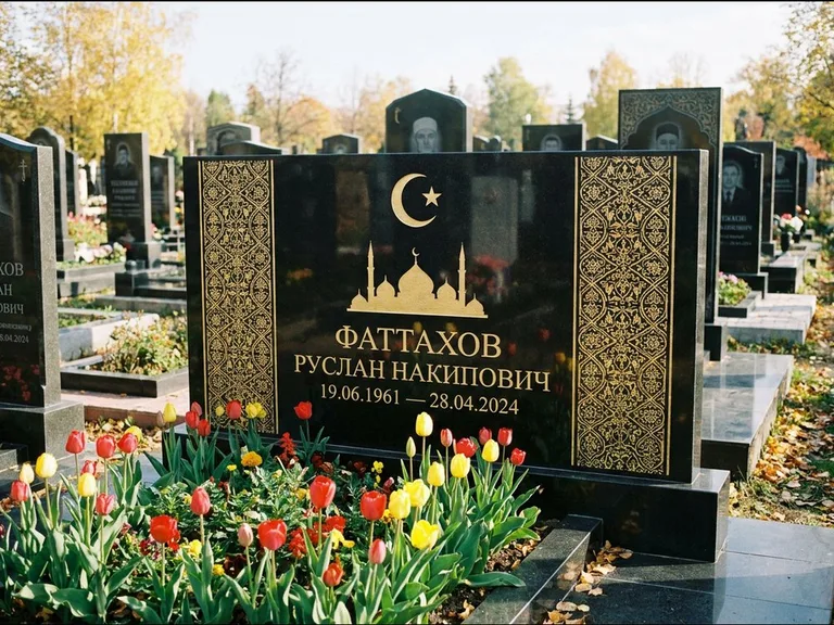 Мусульманский памятник: широкая панорамная стела с золочёным орнаментом — гравировка минарета с полумесяцем, цветник с тюльпанами, работа «Сулейманов» в Самаре