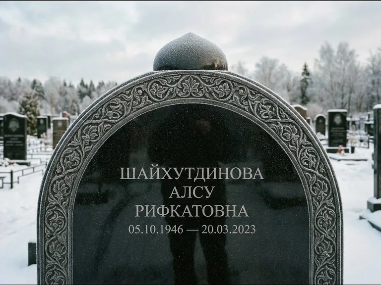 Мусульманский памятник: полукруглая стела с купольным навершием — гравировка мечети под полумесяцем и звёздами, заснеженный зимний участок, работа «Ганиева» в Самаре