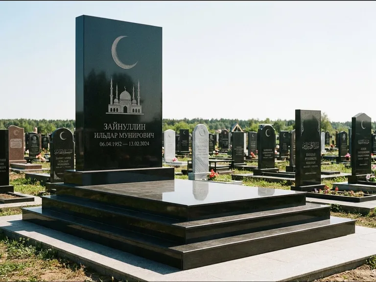 Мусульманский памятник: массивная стела на ступенчатом постаменте — гравировка мечети под полумесяцем и звёздами, гранитная площадка без ограды, работа «Хабибуллин» в Самаре