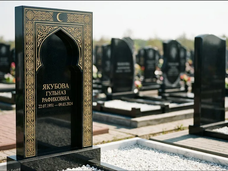 Мусульманский памятник: стела в форме михраба с глубокой нишей и золочёным орнаментом — детализированная гравировка мечети Кул-Шариф, участок с белой мраморной крошкой, работа «Мустафин» в Самаре