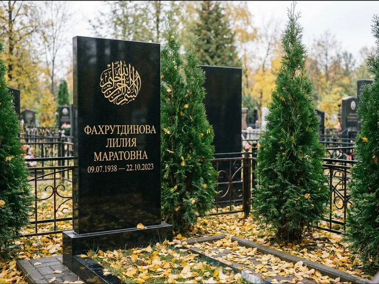 Мусульманский памятник — шахада в верхней части стелы, работа «Фахрутдинова» в Самаре