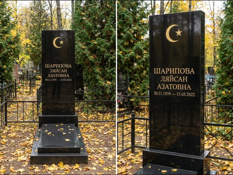 Памятник с гравировкой полумесяца — золочёная гравировка полумесяца со звездой в верхней части с, работа «Шарипова» в Самаре