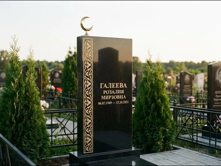 Памятник с гравировкой полумесяца — золочёный полумесяц и колонна растительного орнамента-ислими, работа «Галеева» в Самаре