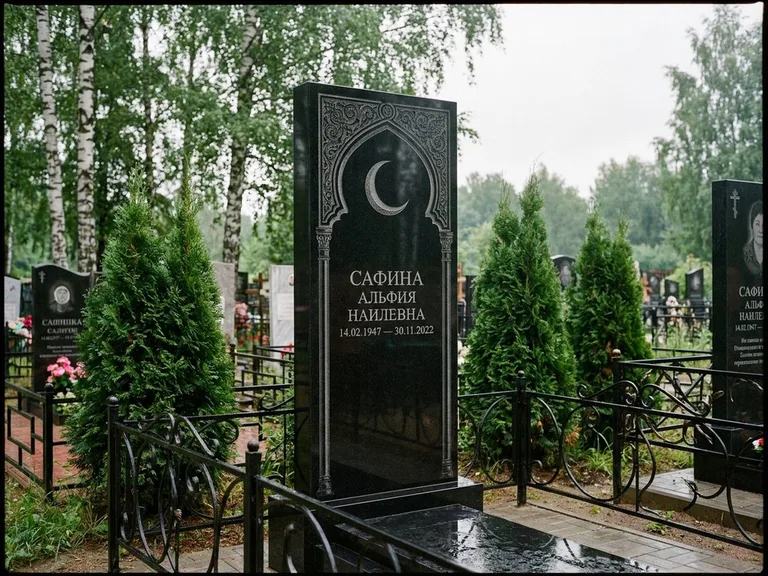 Памятник с гравировкой полумесяца — гравировка полумесяца в восточной арке с орнаментом, работа «Сафина» в Самаре