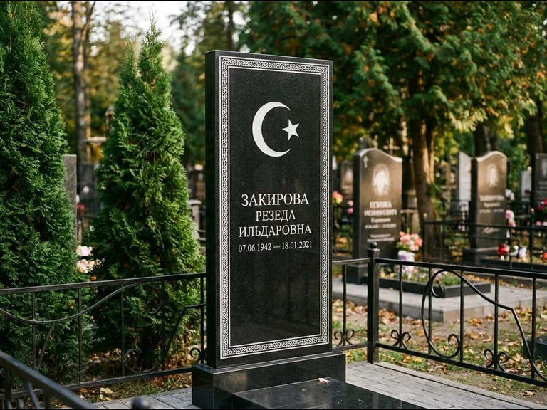 Памятник с гравировкой полумесяца — строгая белая гравировка полумесяца со звездой и орнаменталь, работа «Закирова» в Самаре