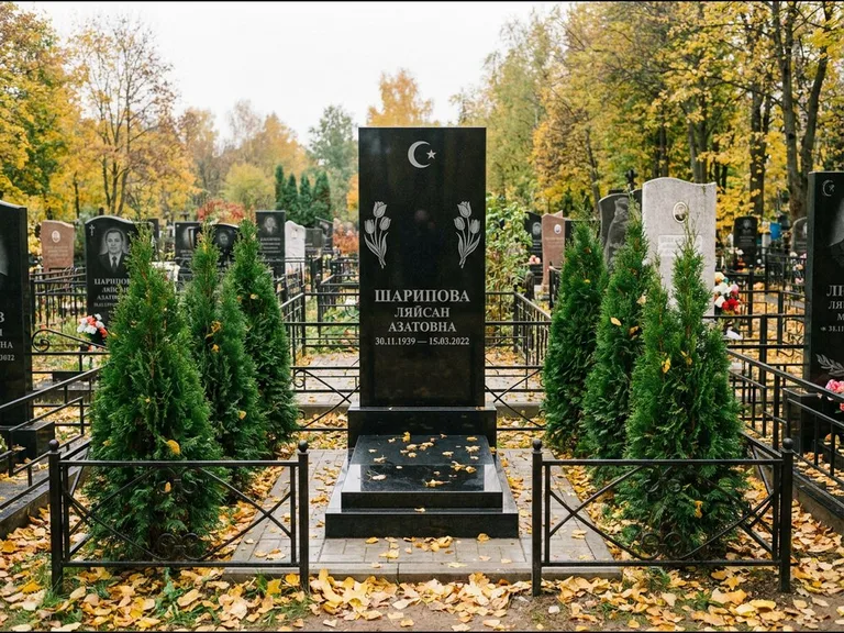 Памятник с гравировкой полумесяца — гравировка полумесяца со звездой и тюльпанами по бокам, работа «Шарипова» в Самаре