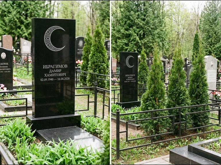 Памятник с гравировкой полумесяца — гравировка полумесяца в геометрическом орнаменте-гирихе, работа «Ибрагимов» в Самаре
