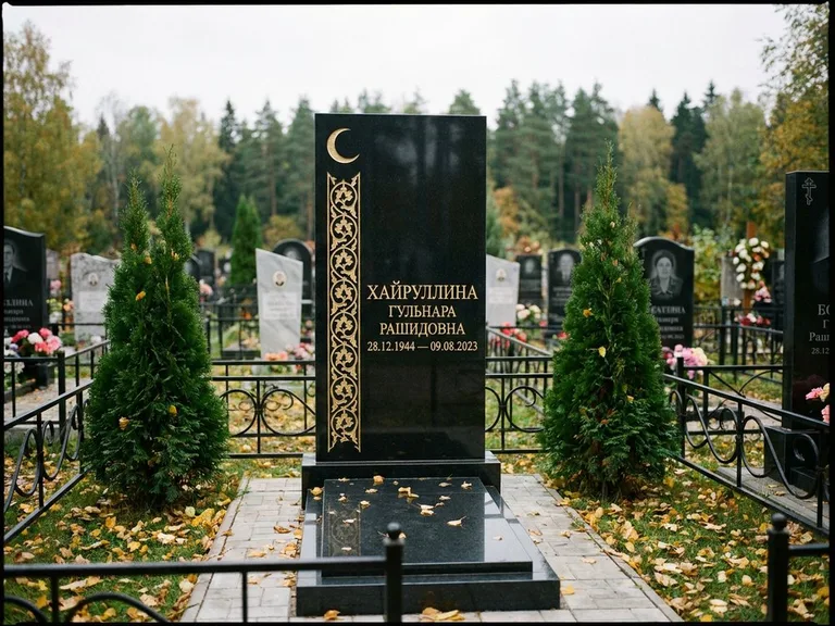 Памятник с гравировкой полумесяца — золочёный полумесяц и колонна растительного орнамента-ислими, работа «Хайруллина» в Самаре