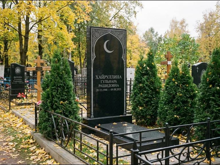 Памятник с гравировкой полумесяца — гравировка полумесяца в восточной арке с орнаментом, работа «Хайруллина» в Самаре