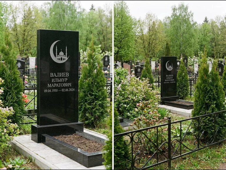 Памятник с гравировкой полумесяца — гравировка полумесяца над силуэтом мечети, работа «Валиев» в Самаре