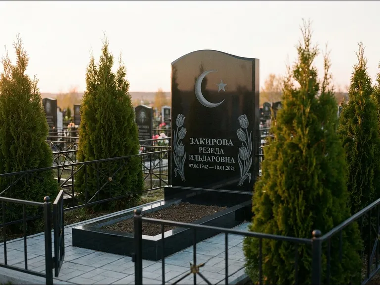 Памятник с гравировкой полумесяца — гравировка полумесяца со звездой и тюльпанами по бокам, работа «Закирова» в Самаре