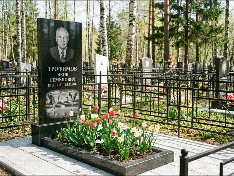 Памятник с гравировкой журавлей — гравировка пары журавлей над гладью озера в нижней части, работа «Трофимов» в Самаре