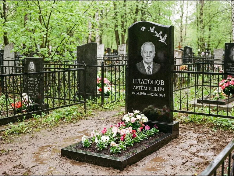 Памятник с гравировкой журавлей — белая гравировка клина журавлей, уходящего в верхний угол ст, работа «Платонов» в Самаре