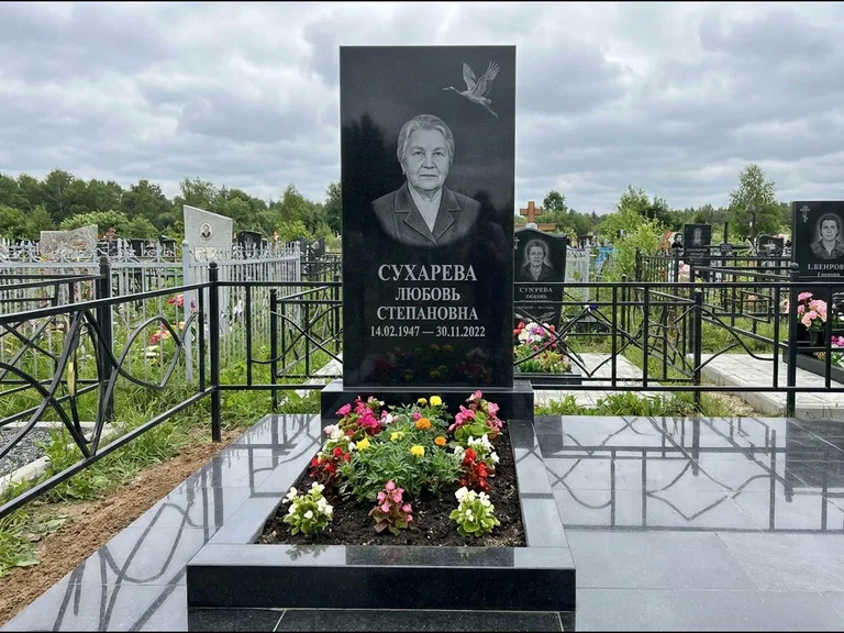 Памятник с гравировкой журавлей — гравировка одиночного летящего журавля над портретом, работа «Сухарева» в Самаре