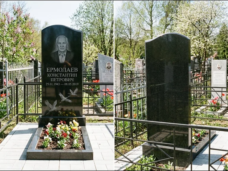 Памятник с гравировкой журавлей — гравировка трёх журавлей по диагонали через свободное поле с, работа «Ермолаев» в Самаре