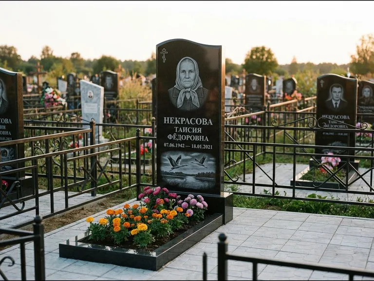 Памятник с гравировкой журавлей — гравировка пары журавлей над гладью озера в нижней части, работа «Некрасова» в Самаре