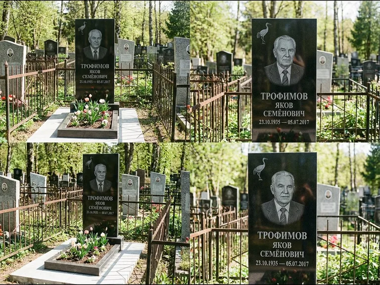 Памятник с гравировкой журавлей — гравировка одиночного летящего журавля над портретом, работа «Трофимов» в Самаре