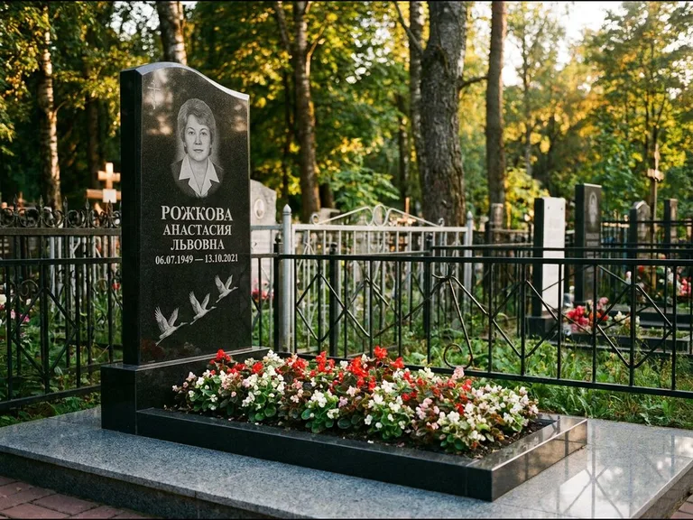 Памятник с гравировкой журавлей — гравировка трёх журавлей по диагонали через свободное поле с, работа «Рожкова» в Самаре