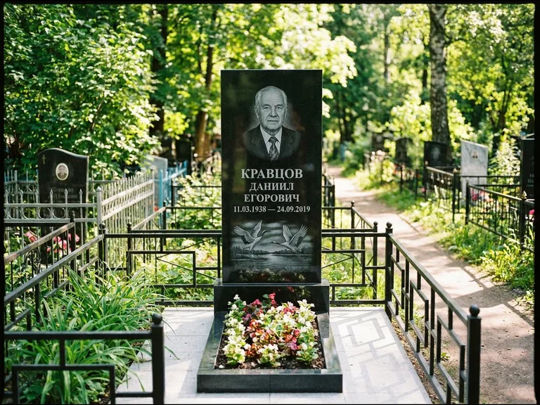Памятник с гравировкой журавлей — гравировка пары журавлей над гладью озера в нижней части, работа «Кравцов» в Самаре