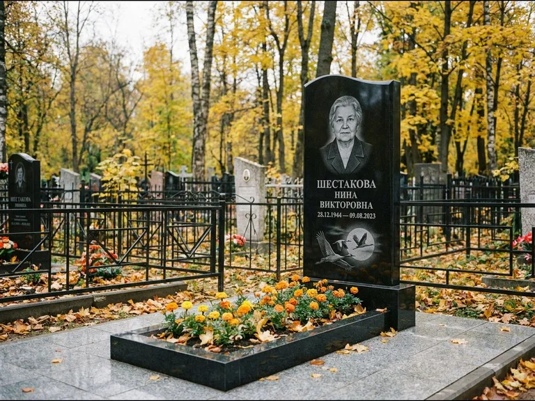 Памятник с гравировкой журавлей — гравировка клина журавлей на фоне солнечного диска, работа «Шестакова» в Самаре