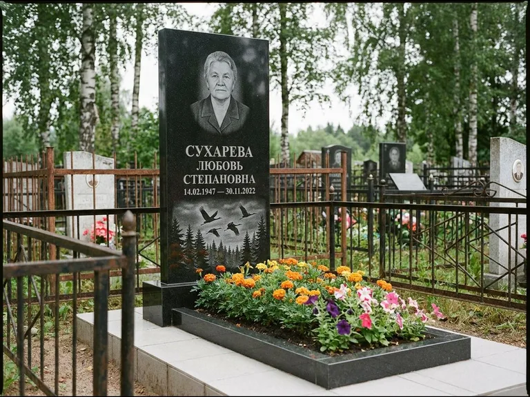 Памятник с гравировкой журавлей — гравировка силуэтов журавлей над еловым лесом, работа «Сухарева» в Самаре