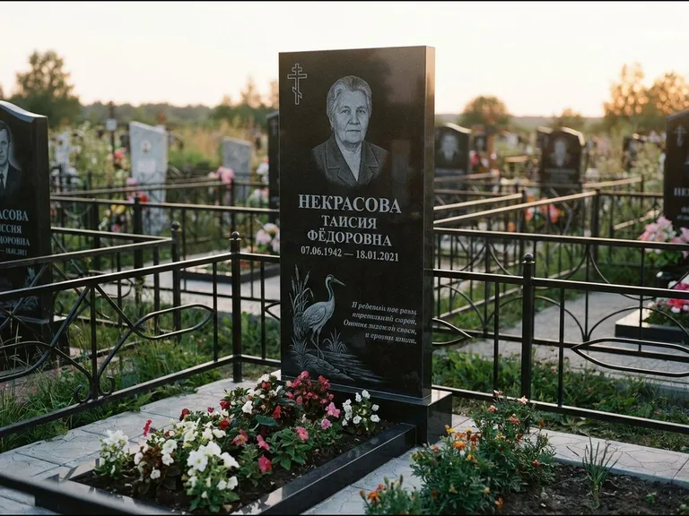 Памятник с гравировкой журавлей — гравировка журавля у камышей рядом с эпитафией, работа «Некрасова» в Самаре