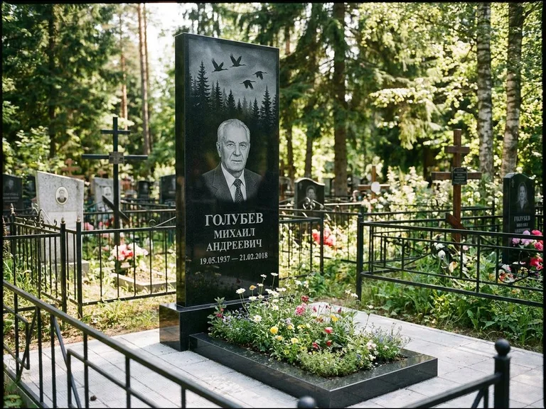 Памятник с гравировкой журавлей — гравировка силуэтов журавлей над еловым лесом, работа «Голубев» в Самаре