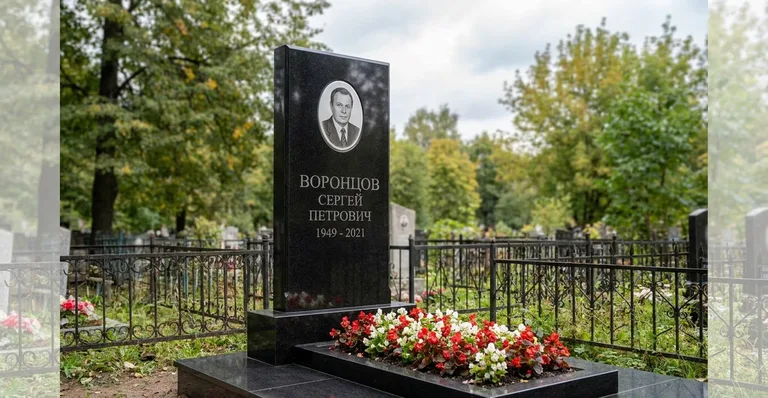 Памятник с цветником, Пример гранитного памятника от мастерской «Мастер Каменев» на кладбище под Самарой