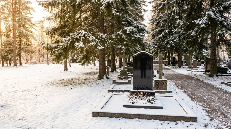 Аллея старинного Пятницкого кладбища с гранитными надгробиями и храмом вдали
