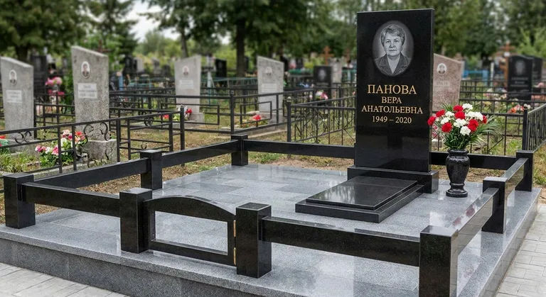 Памятник с оградой, Примеры памятников, установки и благоустройства от мастерской «Мастер Каменев» на кладбищах Новосибирска