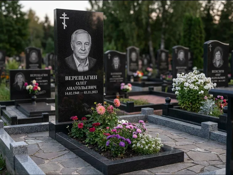 Памятник из чёрного гранита — горизонтальная плита-стела с православным восьмиконечным крестом, работа «Тихонов» в Самаре