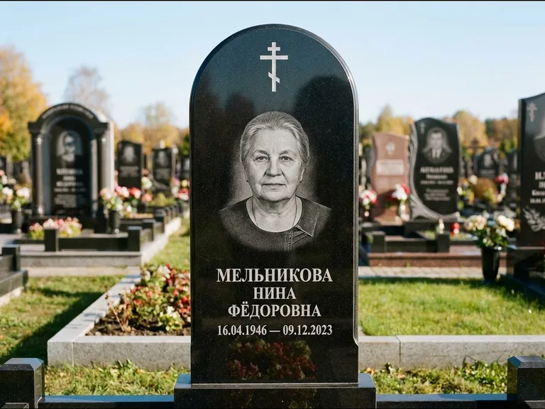 Памятник из чёрного гранита — стела с резным навершием с латинским крестом, работа «Савельева» в Самаре