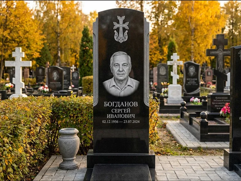 Памятник из чёрного гранита — круглая стела-медальон с армянским хачкаром, работа «Ковалёв» в Самаре
