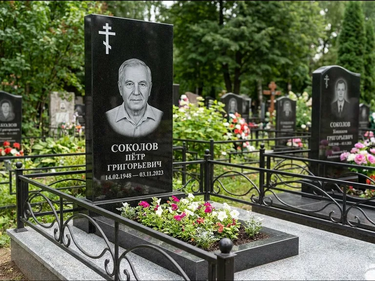 Памятник из чёрного гранита — стела с арочным верхом с православным восьмиконечным крестом, работа «Ковалёв» в Самаре