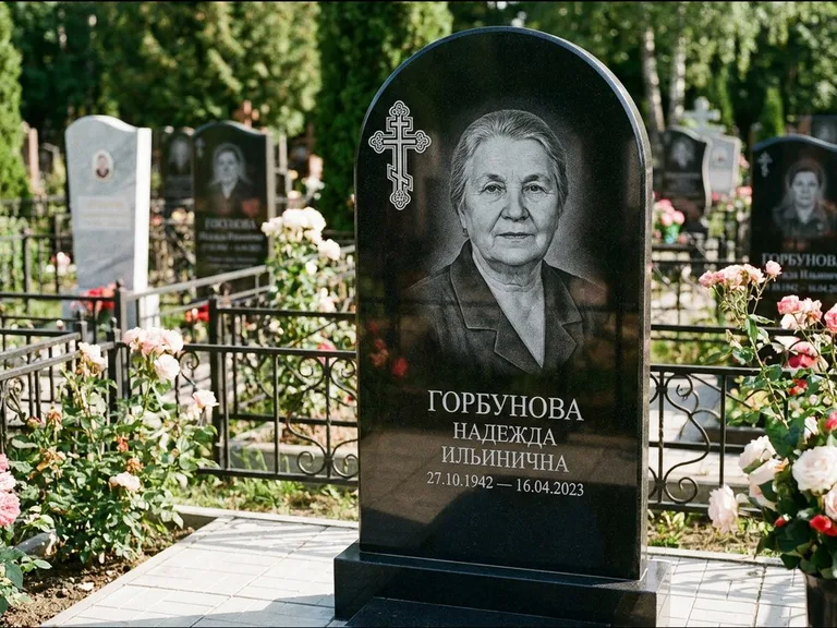 Памятник из чёрного гранита — стела с боковой колонной с крестом в лучах, работа «Мельникова» в Самаре
