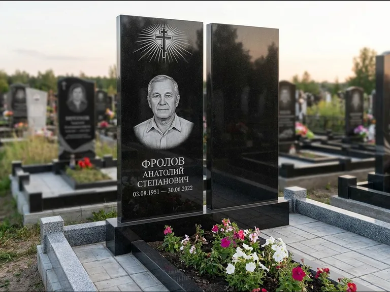 Памятник из чёрного гранита — стела на ступенчатом постаменте с золочёным крестом, работа «Богданов» в Самаре