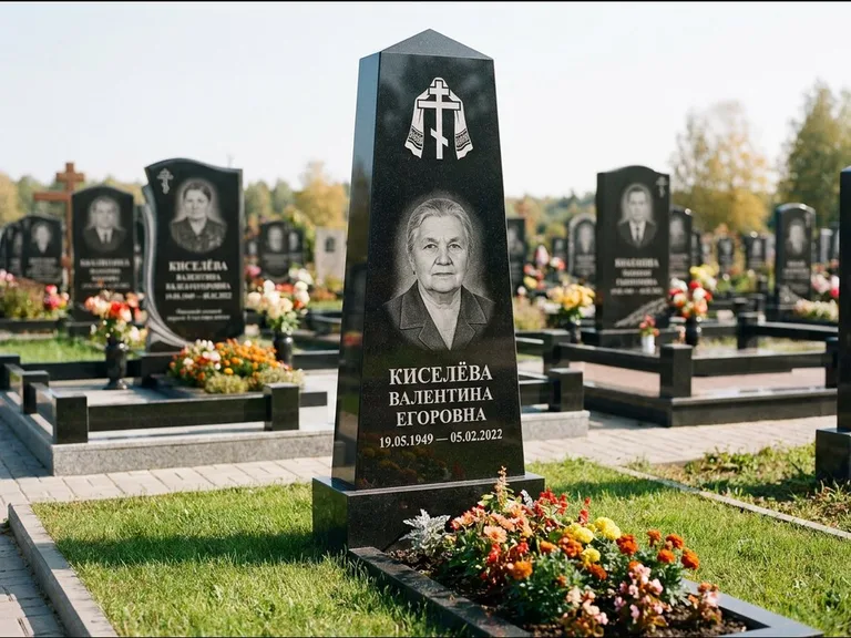 Памятник из чёрного гранита — стела со скошенным верхом с ажурным резным крестом, работа «Селезнёва» в Самаре