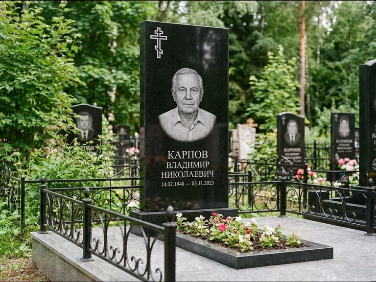 Памятник из чёрного гранита — узкая стела с ажурным крестом с православным восьмиконечным крестом, работа «Гущин» в Самаре