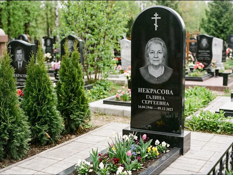 Памятник из чёрного гранита — стела с цветником-плитой с латинским крестом, работа «Лаврентьева» в Самаре
