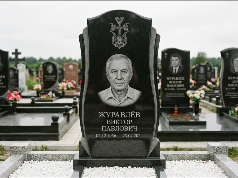 Памятник из чёрного гранита — панорамная стела с армянским хачкаром, работа «Тихонов» в Самаре
