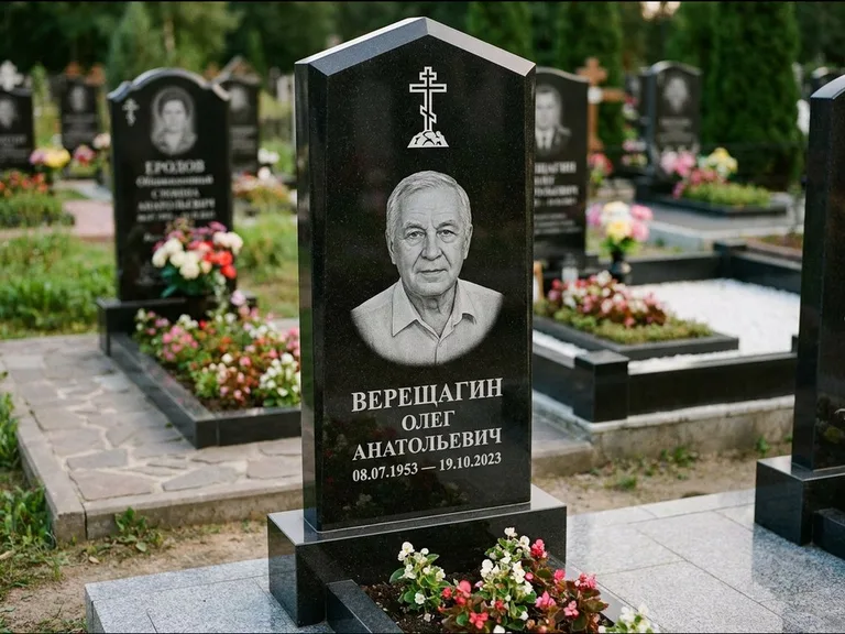 Памятник из чёрного гранита — обелиск-колонна с крестом на Голгофе, работа «Ковалёв» в Самаре