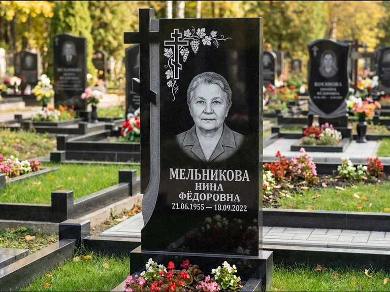 Памятник из чёрного гранита — стела с резной рамкой с крестом с распятием, работа «Некрасова» в Самаре