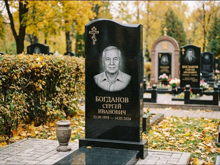 Памятник из чёрного гранита — стела с цветником с процветшим крестом с виноградной лозой, работа «Журавлёв» в Самаре